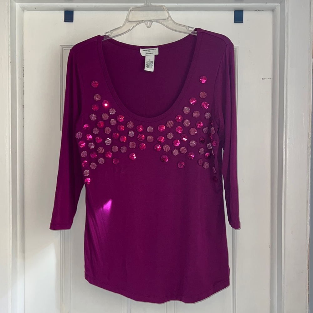 Purple Philosophy by Republic 3/4 Sleeve Embelleshed Top Size M